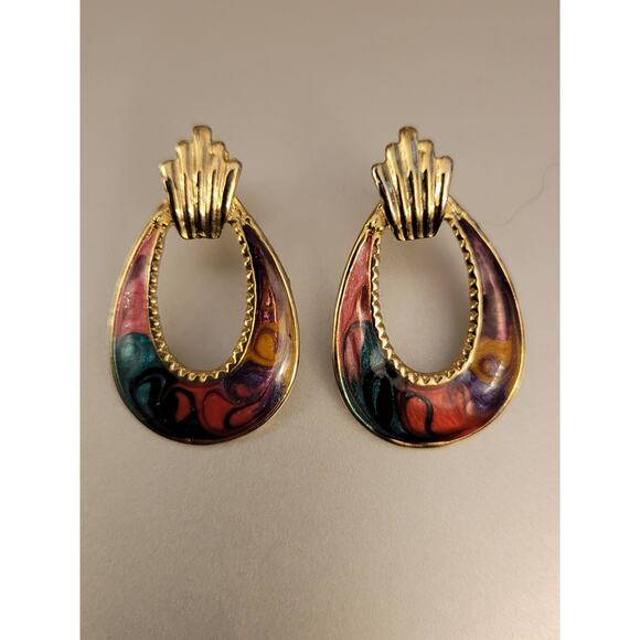 Vintage Enameled Hoop Drop Earrings - Picture 1 of 5